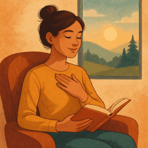 Femme détendue lisant un livre au coucher du soleil, symbolisant une récompense personnelle saine et apaisante