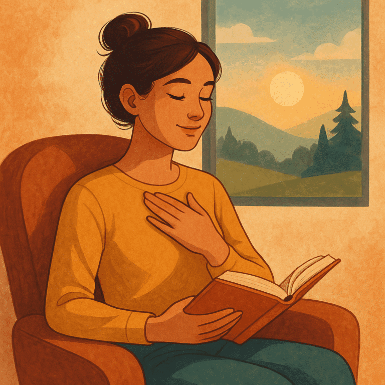 Femme détendue lisant un livre au coucher du soleil, symbolisant une récompense personnelle saine et apaisante