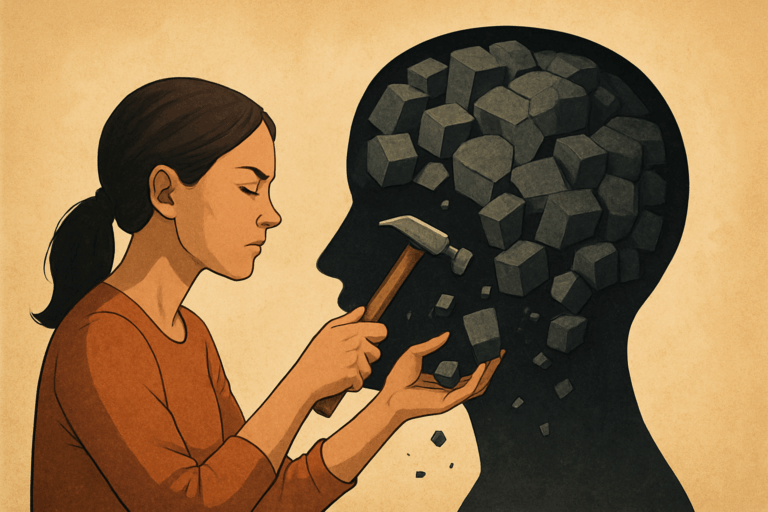 Femme concentrée utilisant un marteau pour déconstruire symboliquement une tête remplie de blocs représentant des pensées négatives