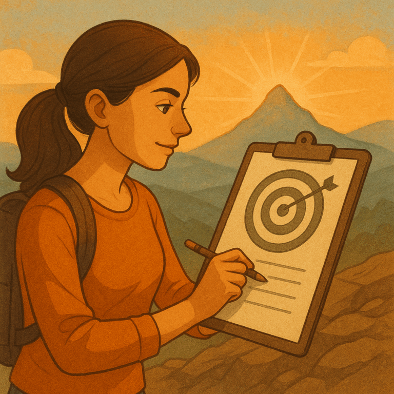 Femme concentrée écrivant ses objectifs sur un carnet avec une cible dessinée, face à un paysage de montagne au coucher du soleil