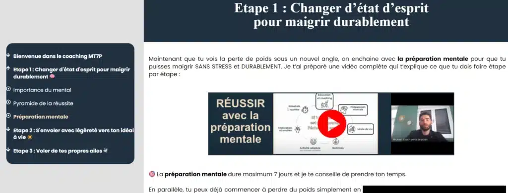 Interface utilisateur du programme de coaching perte de poids en ligne MT7P, mettant en avant l'étape 1 de préparation mentale avec une vidéo explicative