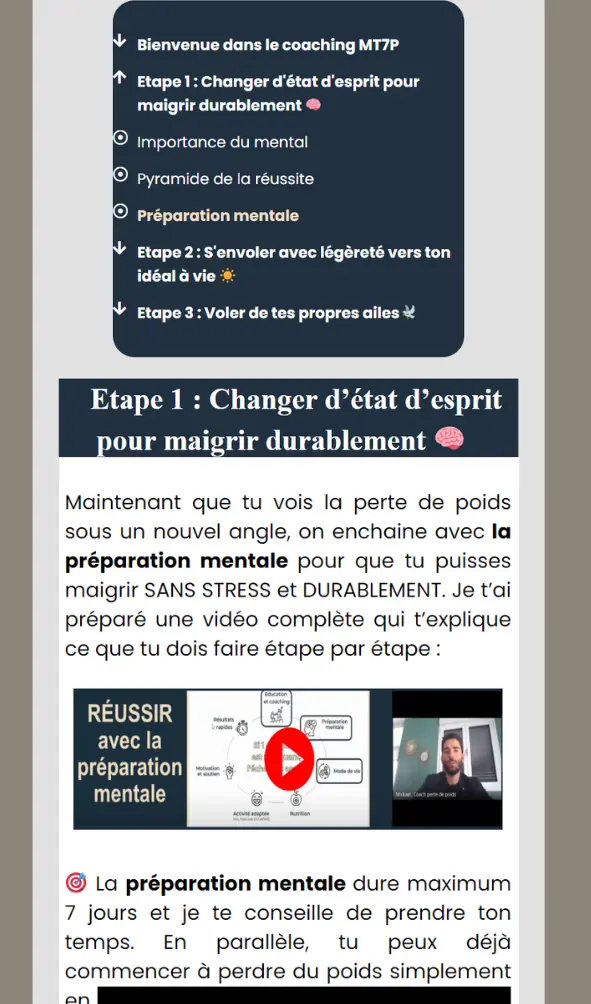 Capture d'écran de l'interface de coaching MT7P, présentant les étapes initiales du programme pour perdre du poids durablement