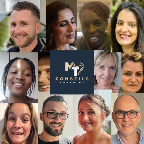 Collage de visages souriants de participants au programme de coaching perte de poids en ligne MT7P de MT Conseils Coaching