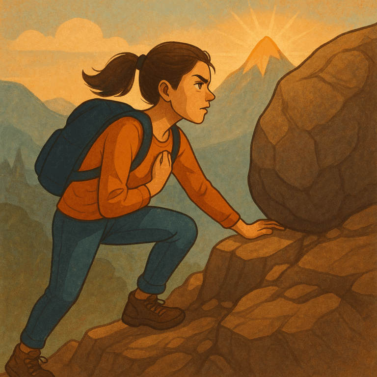 Femme déterminée gravissant une montagne et affrontant un rocher symbolisant les obstacles sur son chemin