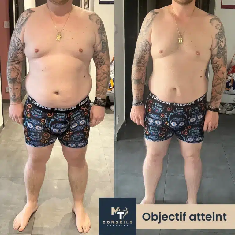 Photo avant et après de Vincent montrant ses résultats de perte de poids avec le message affiché : 'Objectif atteint'