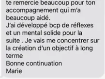 Message de Marie remerciant pour le coaching efficace qui l'a aidée à développer de solides réflexes mentaux pour la gestion de son poids