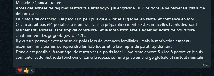 Témoignage de Michèle, 74 ans, sur son expérience de perte de poids grâce au coaching minceur MT7P, mettant en lumière la préparation mentale et la motivation continue