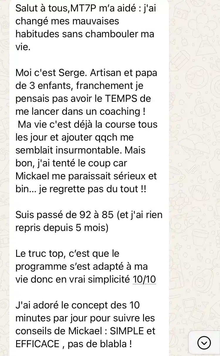 Première partie du témoignage de Serge sur son expérience positive avec le coaching perte de poids en ligne MT7P, soulignant l'accessibilité et l'efficacité du programme