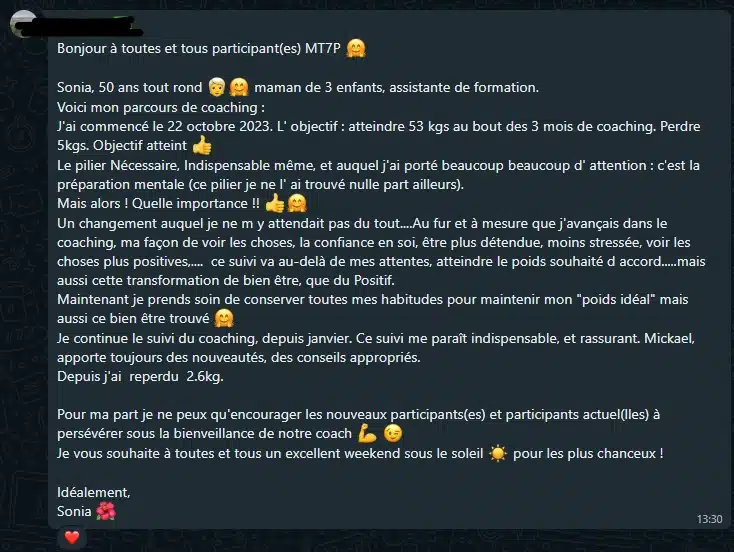 Témoignage de Sonia sur son expérience avec le programme de coaching MT7P, soulignant les bénéfices du suivi continu et l'importance de la préparation mentale