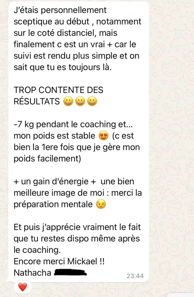 Capture d'écran d'un témoignage positif de Nathacha sur son expérience avec le coaching perte de poids en ligne MT7P