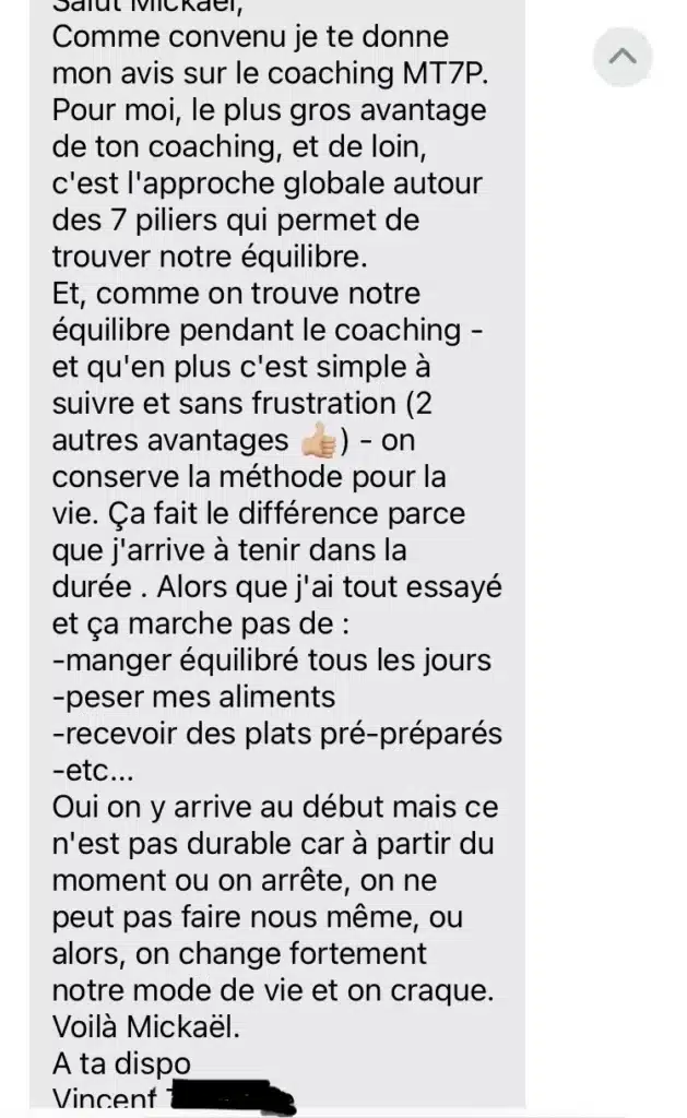 Capture d'écran d'un témoignage écrit par Vincent sur les avantages du coaching MT7P pour la perte de poids