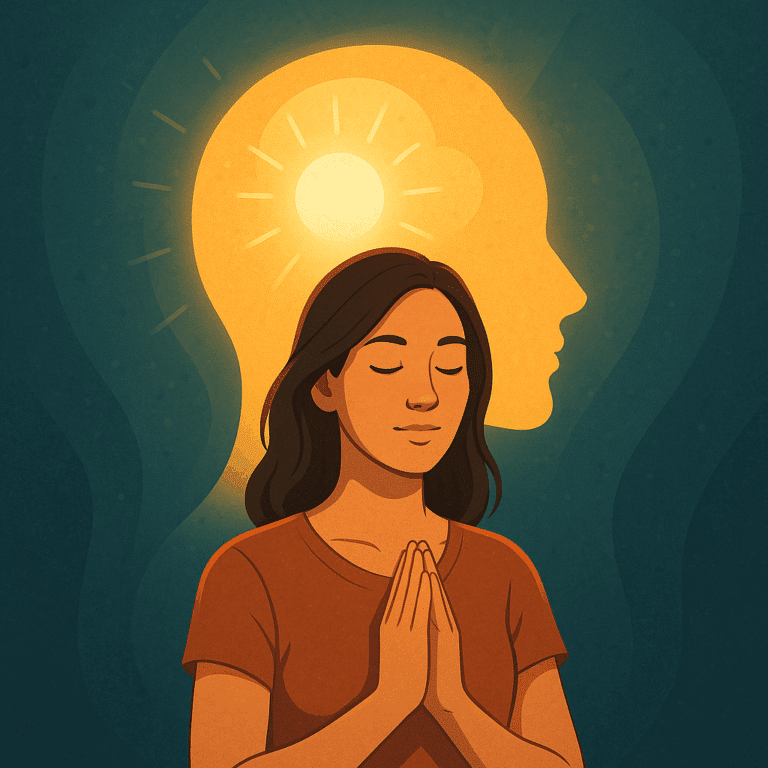 Illustration d'une femme en pleine introspection, les yeux fermés, avec une silhouette lumineuse de tête humaine en arrière-plan