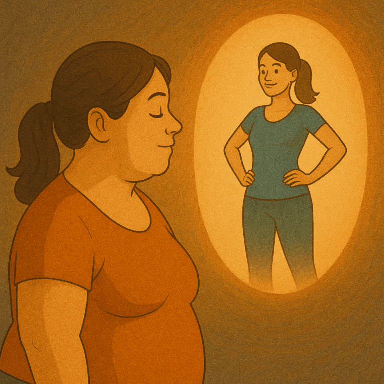 Femme en surpoids visualisant une version plus mince et confiante d’elle-même dans un halo lumineux