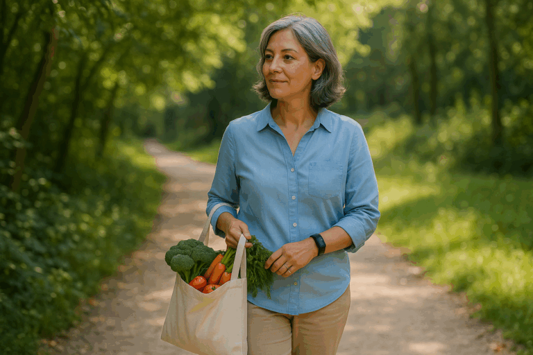 Femme de plus de 40 ans adoptant de bonnes habitudes pour perdre du poids en marchant dans un parc avec un sac de légumes frais