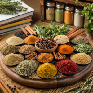 Plateau d’épices et d’herbes aromatiques pour assaisonner les plats sans ajouter de calories, selon les recommandations nutritionnelles