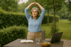 Femme qui se lève pour s'étirer, avec un verre d'eau sur la table, illustrant les bonnes habitudes pour perdre du poids