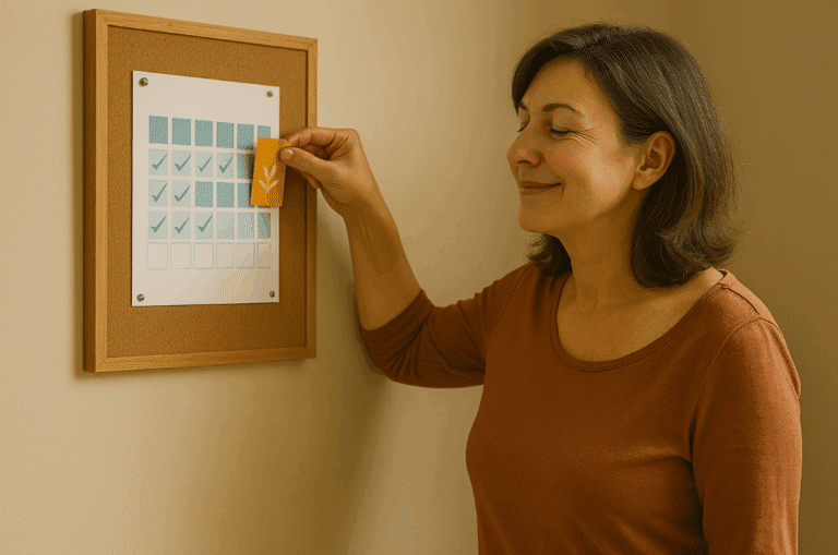 Femme souriante remplissant un tableau de suivi de ses nouvelles habitudes bien-être