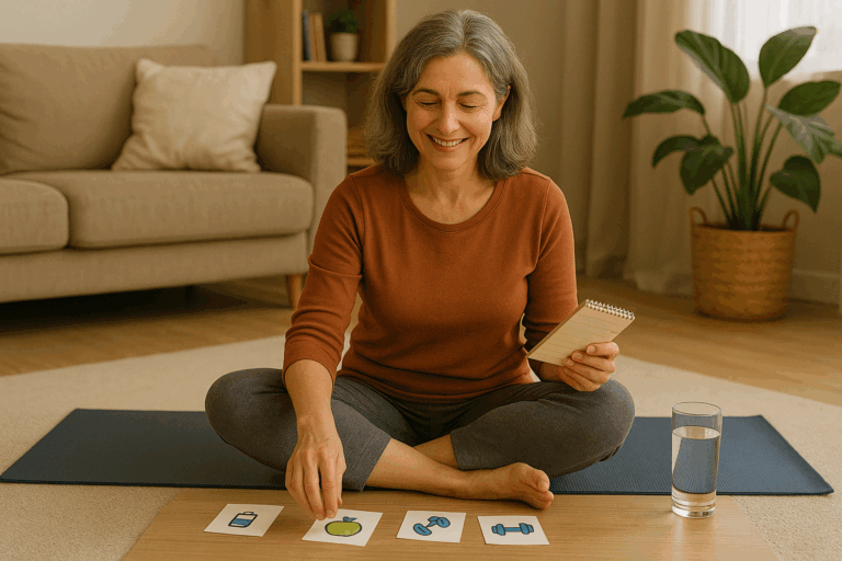 Une femme est assise sur son tapis et sélectionne ses habitudes gagnantes pour perdre du poids