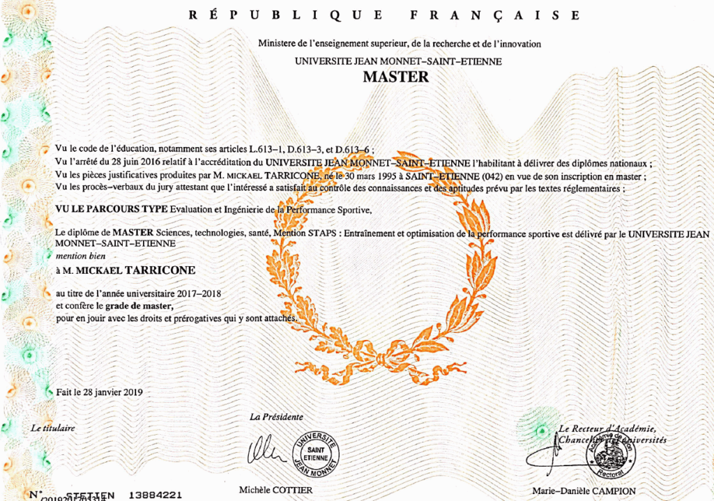 Diplôme de master STAPS de Mickael Tarricone, coach expert en perte de poids et en performance sportive