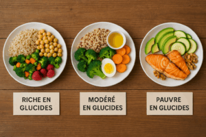 Trois assiettes illustrant le carb cycling : riche, modéré et pauvre en glucides