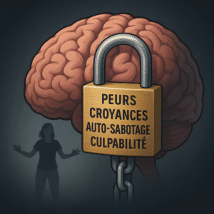 Illustration symbolique d’un blocage psychologique lié à la perte de poids, montrant une silhouette féminine de dos, immobile face à un obstacle invisible dans un fond sombre.