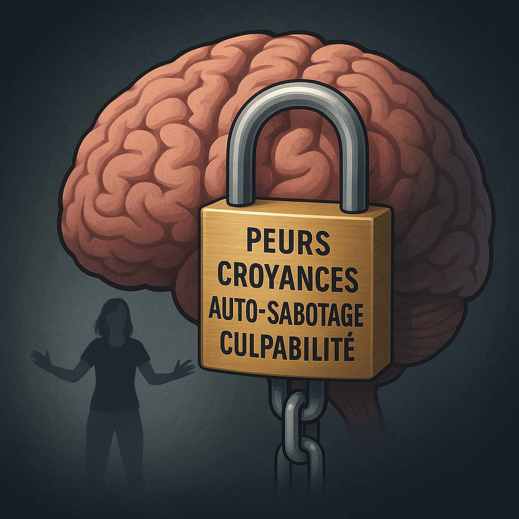 Illustration symbolique d’un blocage psychologique lié à la perte de poids, montrant une silhouette féminine de dos, immobile face à un obstacle invisible dans un fond sombre.