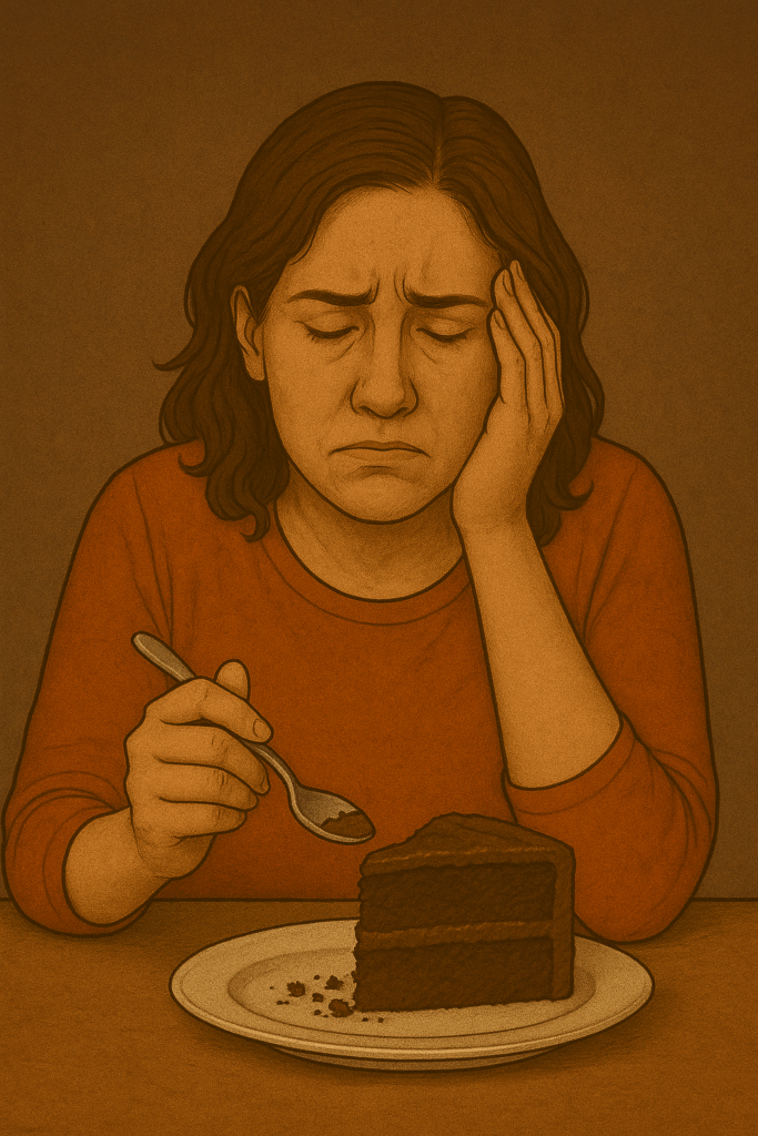 Femme assise devant une part de gâteau entamée, l’air coupable et la tête appuyée sur une main, illustrant un blocage psychologique dans la perte de poids.