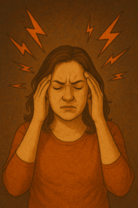 Femme en détresse mentale illustrant un blocage psychologique dans la perte de poids, les mains sur les tempes avec des éclairs autour de la tête représentant la surcharge émotionnelle.
