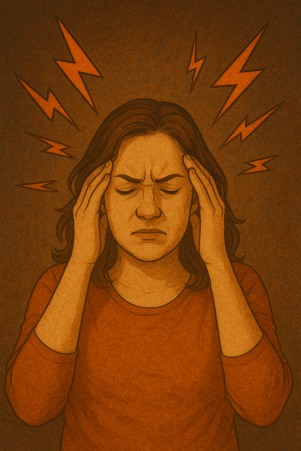 Femme en détresse mentale illustrant un blocage psychologique dans la perte de poids, les mains sur les tempes avec des éclairs autour de la tête représentant la surcharge émotionnelle.