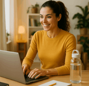 Femme énergique et concentrée travaillant sur son ordinateur, illustrant les bienfaits du carb cycling sur la clarté mentale et la productivité