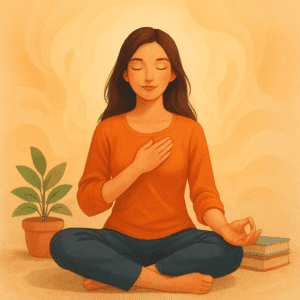 Femme assise en tailleur, la main sur le cœur, les yeux fermés, dans une posture de méditation apaisée, entourée d’un décor calme et chaleureux