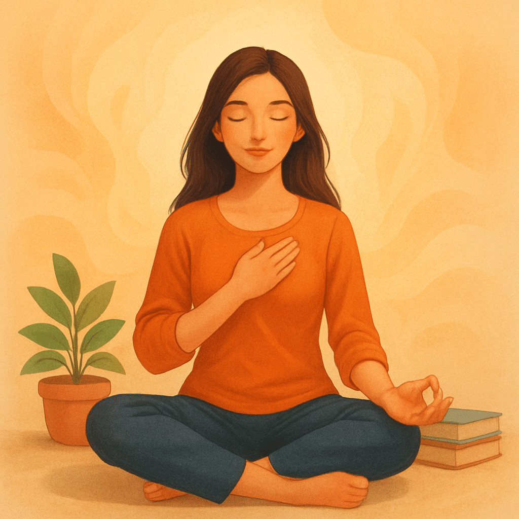 Femme assise en tailleur, la main sur le cœur, les yeux fermés, dans une posture de méditation apaisée, entourée d’un décor calme et chaleureux