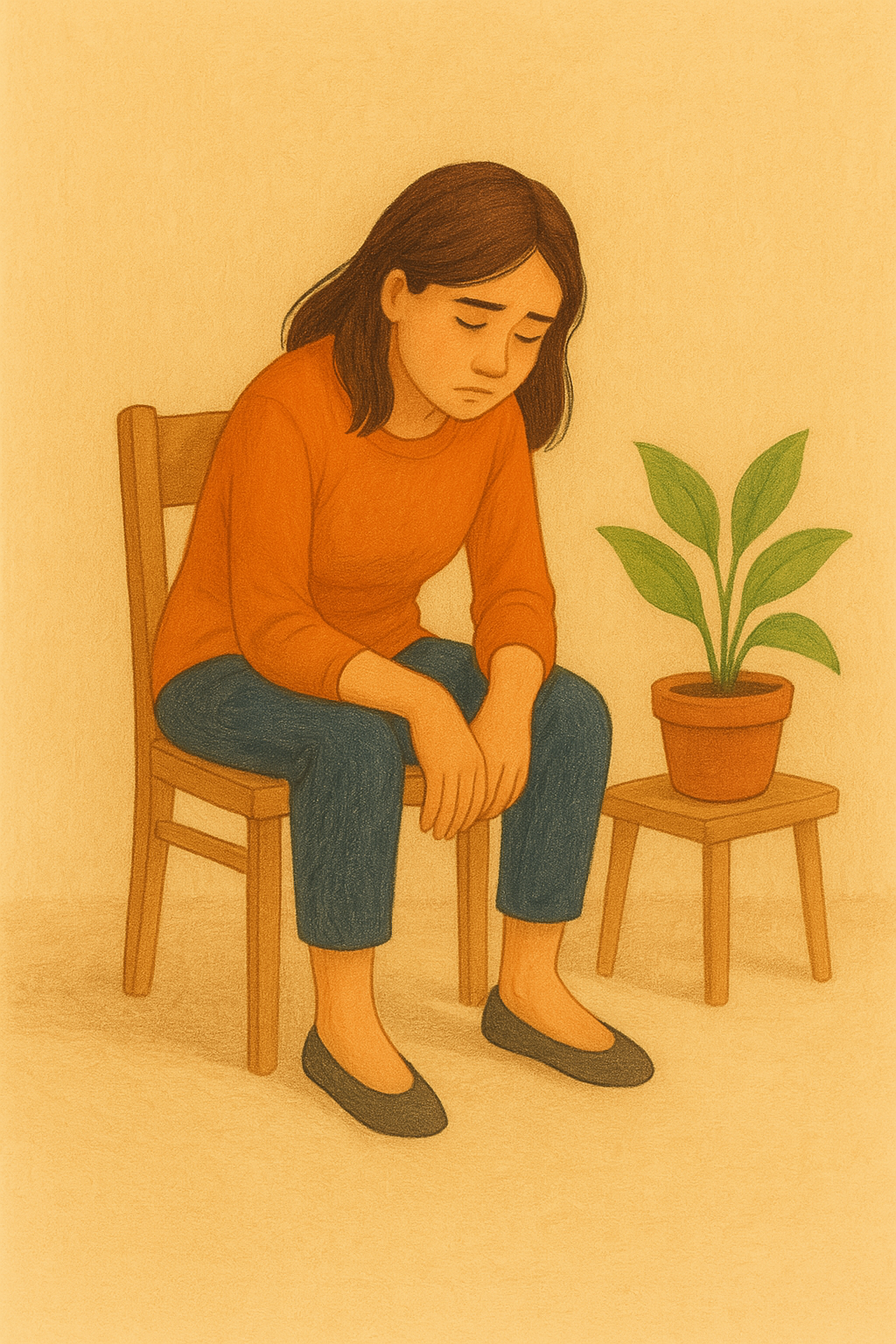 Manque de motivation Femme assise sur une chaise, le regard baissé, en posture de découragement, à côté d’une plante verte