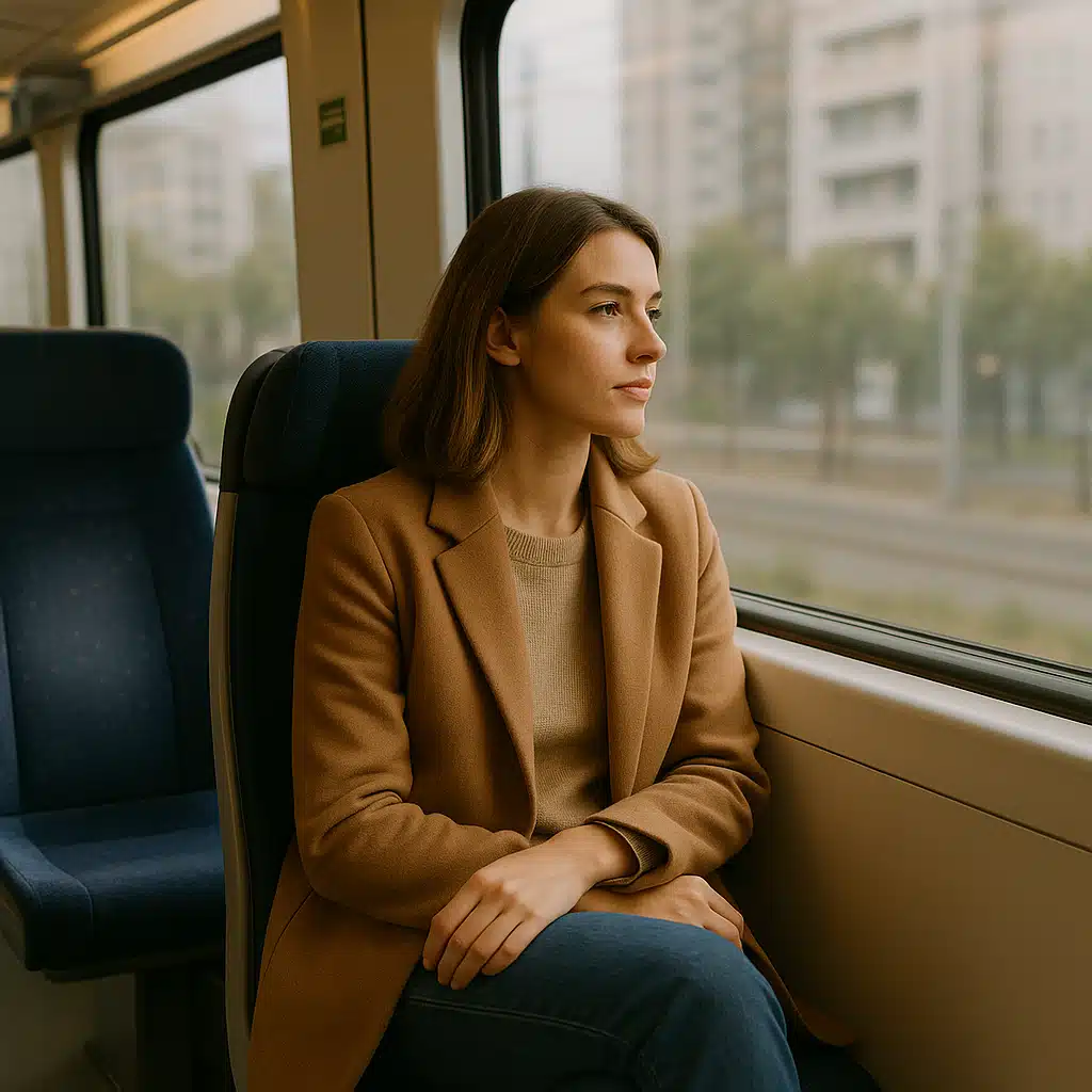 Femme assise dans un train, illustrant un mode de vie sédentaire lors des déplacements quotidiens