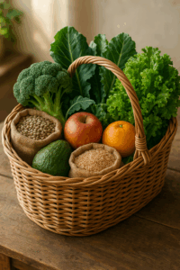 Panier en osier rempli de légumes verts, fruits entiers, lentilles et riz complet sur une table en bois rustique, éclairé par une lumière naturelle douce.