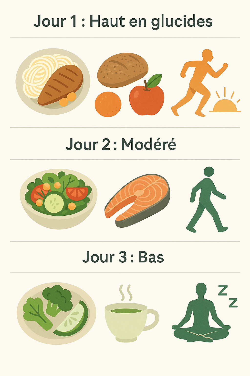 Illustration du plan de carb cycling sur trois jours avec alimentation adaptée et activités physiques
