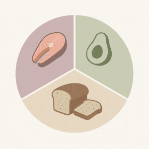 Graphique circulaire minimaliste représentant les macronutriments avec des illustrations pastel de saumon pour les protéines, avocat pour les lipides et pain complet pour les glucides