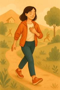 Femme marchant sereinement sur un chemin sinueux, la main sur le cœur, symbolisant la reprise de contrôle sur sa vie