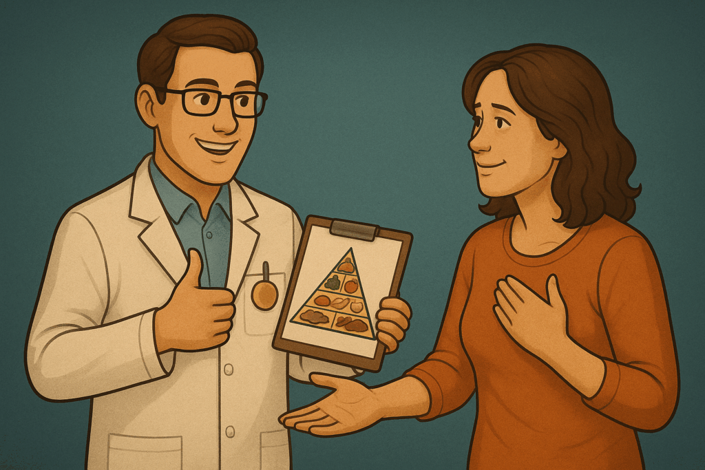 Une femme échange avec un expert en nutrition souriant, qui lui montre une pyramide alimentaire et lui fait un geste encourageant, symbolisant le dépassement de soi.