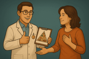 Une femme échange avec un expert en nutrition souriant, qui lui montre une pyramide alimentaire et lui fait un geste encourageant, symbolisant le dépassement de soi.