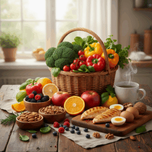 Panier de légumes, fruits frais, noix et protéines maigres pour maigrir du ventre naturellement