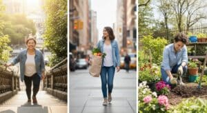 Personne montant des escaliers et jardinant, illustrant comment adopter un mode de vie actif et bouger au quotidien pour perdre du poids sans sport.