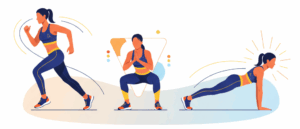 Illustration sportive montrant course, squats et gainage comme exercices efficaces pour maigrir du ventre