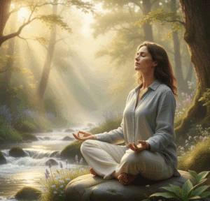 Femme méditant en pleine nature dans une ambiance zen pour réduire le stress et maigrir du ventre naturellement