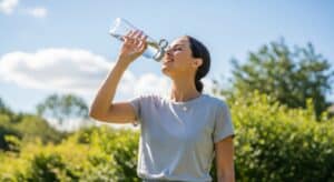 Une personne souriante debout dehors, en train de boire un verre d’eau claire, illustrant l’importance de l’hydratation pour perdre du poids sans sport