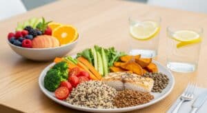 Assiette colorée avec légumes frais, quinoa, patate douce, poisson grillé et lentilles, représentant une alimentation équilibrée pour perdre du poids sans sport.
