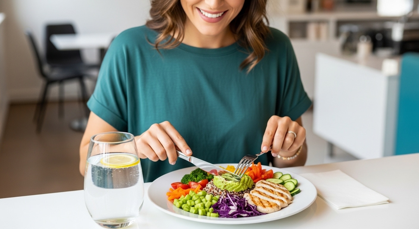 Femme souriante dégustant un repas sain et appétissant avec légumes frais, avocat, quinoa et poulet grillé pour perdre du poids sans sport