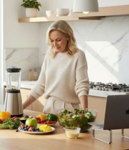 Femme d’environ 50 ans préparant un smoothie vert et une salade colorée dans une cuisine lumineuse tout en consultant son ordinateur portable, illustrant une alimentation équilibrée pendant le télétravail.