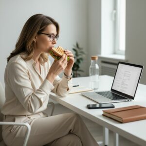 Une femme mange un sandwich au poulet garni de crudités devant son ordinateur portable au bureau. Elle illustre comment perdre du poids avec un emploi du temps chargé, en privilégiant un repas simple et équilibré même en travaillant.