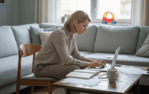 Femme cadre d’environ 50 ans en télétravail, assise sur une chaise non ergonomique devant une table basse dans son salon. Elle travaille sur un ordinateur portable, adoptant une posture inconfortable, symbole des inconvénients du télétravail liés à un environnement de travail mal adapté.